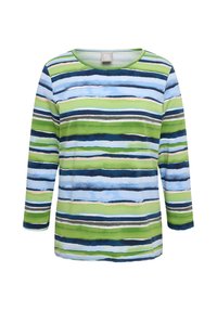 Langärmeliges Hemd mit horizontalen Streifen in den Farbtönen Grün, Blau, Marineblau und Beige, mit rundem Ausschnitt.