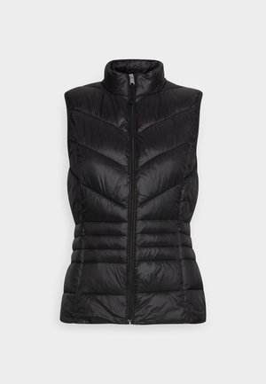 Sort quiltet, ærmeløs dunvest med høj krave og forlynlås, designet til varme og let komfort.