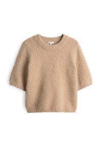 Beige Kurzarm-Strickpullover aus weichem, strukturiertem Stoff. Mit Rundhalsausschnitt und lockerer Passform, die ein lässiges Design bietet.