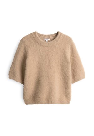 Beige Kurzarm-Strickpullover aus weichem, strukturiertem Stoff. Mit Rundhalsausschnitt und lockerer Passform, die ein lässiges Design bietet.