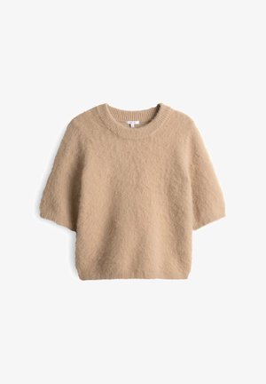 Beige kortlopende gebreide trui gemaakt van zachte, gestructureerde stof. Heeft een ronde halslijn en een losse pasvorm, wat zorgt voor een casual ontwerp.