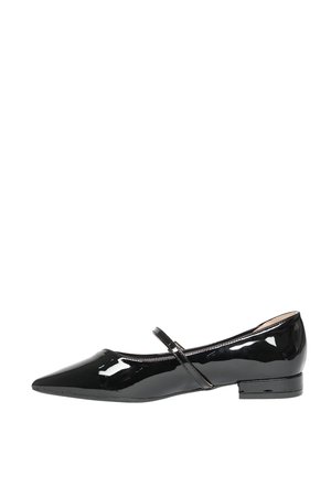 Scarpe ballerine nere in vernice con punta affusolata e sottile cinturino alla caviglia. Presentano un tacco basso e una superficie liscia e lucida.