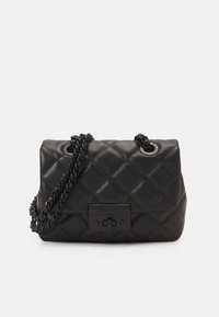 Black quilted handbag with a chain strap, featuring a front clasp. The bag has a smooth texture and a rectangular shape, emphasizing its design.