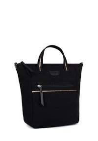 Borsa tote nera in tela con due manici corti, tasca frontale con zip e un'accenno orizzontale in oro metallico. Forma rettangolare con finitura testurizzata.