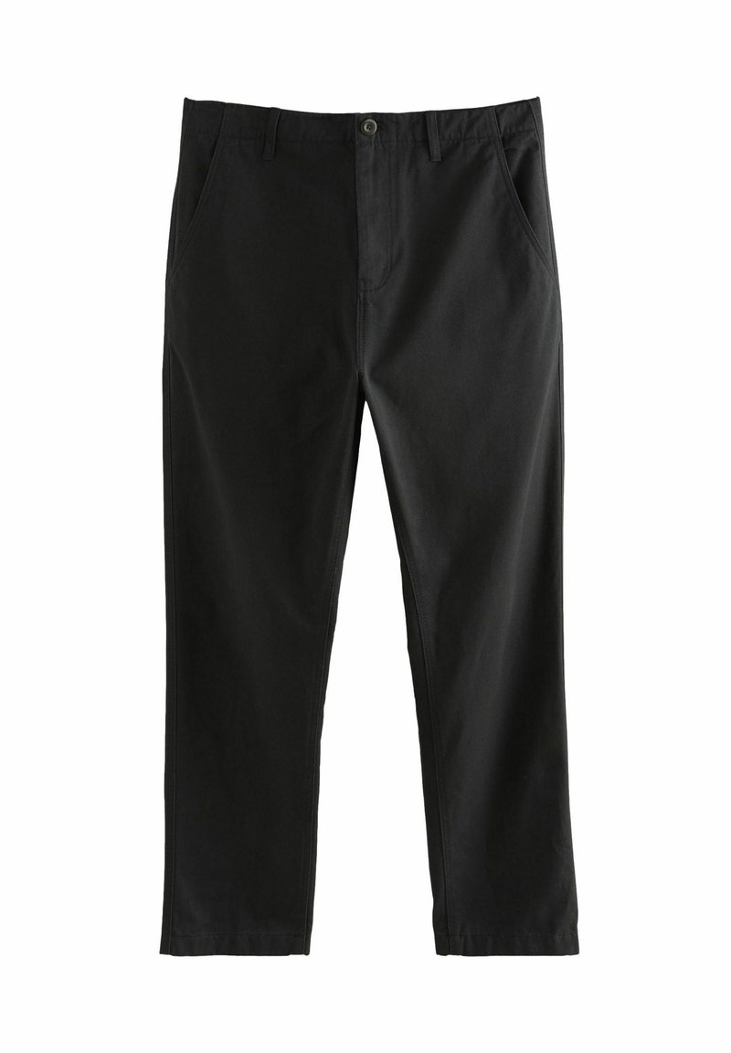Pantalons en coton noir avec une coupe droite, dotés de deux poches avant, d'une fermeture à bouton et d'une texture lisse.