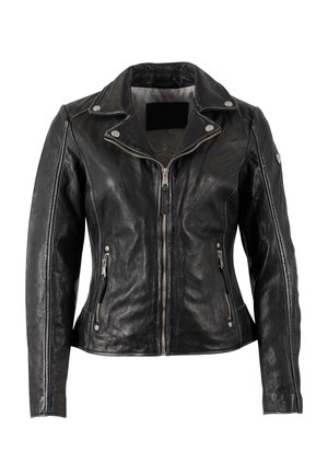 Schwarze Motorradjacke aus Leder mit Frontreißverschluss, zwei Reißverschlusstaschen und Kragen mit Druckknopfdetails.