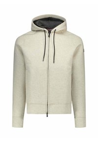 Lichtgrijze hoodie met ritssluiting, een trekkoord, geribbelde boorden en zoom. Gemaakt van zachte, getextureerde stof met een zwarte voering aan de binnenkant.