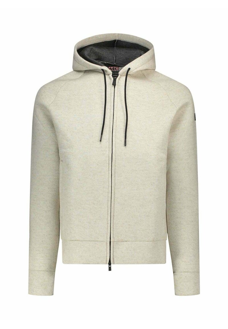 Lichtgrijze hoodie met ritssluiting, een trekkoord, geribbelde boorden en zoom. Gemaakt van zachte, getextureerde stof met een zwarte voering aan de binnenkant.