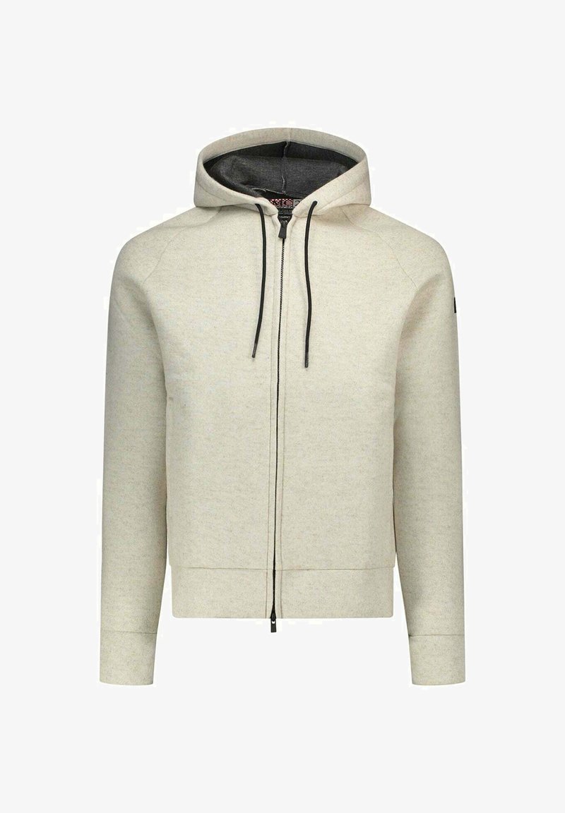 Lichtgrijze hoodie met ritssluiting, een trekkoord, geribbelde boorden en zoom. Gemaakt van zachte, getextureerde stof met een zwarte voering aan de binnenkant.