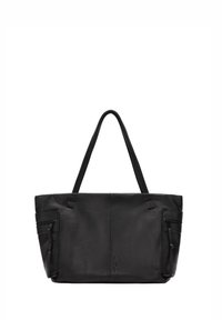 Czarna skórzana torba na ramię z dwoma uchwytami, kieszeniami na suwak po bokach i gładką teksturą. Minimalistyczny design bez widocznych wzorów czy elementów metalowych.