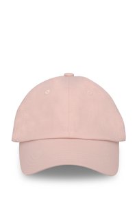 Bomullsbasebollkeps i ljusrosa, med en böjd skärm, sexpanelig design med ventilationshål och en knapprundning på toppen.