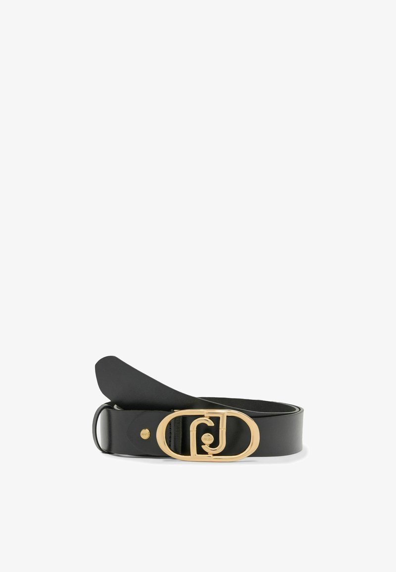 Zwarte leren riem met een ovale gouden gesp met een verweven ontwerp. Glad oppervlak en verstelbare lengte met een drukknoopsluiting.