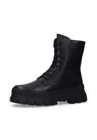 Schwarze Leder Schnürstiefelette mit robustem, strukturiertem schwarzen Gummisohle und verstärkter Zehenpartie. Glatte Oberfläche mit Logodetail an der Seite.