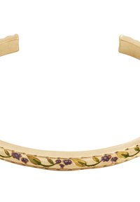 Gold cuff bracelet featuring a floral design with purple flowers and green leaves, smooth texture, and open ends for adjustability.