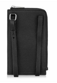 Czarny skórzany portfel o teksturowanym wykończeniu, z zamknięciem na zamek, odpinanym paskiem i smukłym designem, który ułatwia użytkowanie.