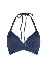 Top di bikini blu navy con un design a zigzag testurizzato. Presenta lacci regolabili e piccoli dettagli metallici. Coppe a triangolo e fascia liscia.