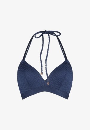 Námořnická modrá bikiny top s texturovaným, chevronovým vzorem. Obsahuje nastavitelné tkaničky a malé kovové detaily. Trojúhelníkové košíčky a hladký pás.
