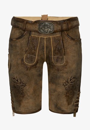 Dunkelbraune Ledershorts mit dekorativem Stich, versehen mit Gravuren von Blättern und einem Hirsch auf der Vorderseite. Inklusive einer metallenen Schnalle.