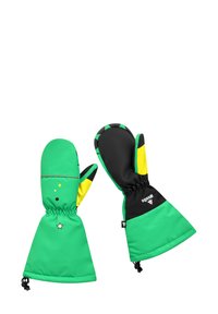Guanti verdi e neri con una presa nera texturizzata, dettagli gialli, polsini elasticizzati e stelle decorative. Rinforzati per resistenza e calore.