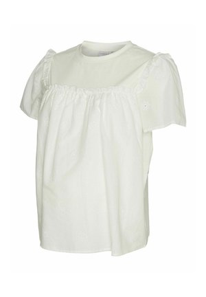 Biała bluzka z krótkim rękawem, z marszczonym stanem i subtelną kwiatową haftowaną dekoracją na bufiastych rękawach oraz przednim panelu.