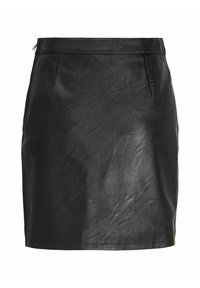 Falda de cuero negro con una textura suave, diseño recto y cremallera lateral discreta. Presenta dos bolsillos delanteros y un corte minimalista.