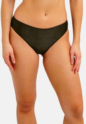 Zwarte bikini-slip met een gladde, glanzende textuur, laag getailleerd ontwerp en minimale bedekking. De stof heeft een subtiele glans.