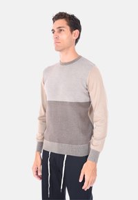 Maglione a girocollo lavorato a maglia con blocchi di colore beige e grigio. Presenta polsini e orlo a coste. Realizzato in tessuto morbido con una superficie liscia.