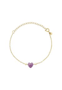 Bracciale in oro con un centrale soffice perla a forma di cuore viola, arricchito da accenti sferici dorati. Texture liscia e design delicato.