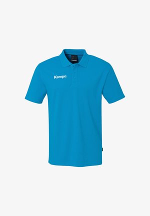 Turkis polo skjorte lavet af åndbart materiale, med en klassisk krave, tre knapper og et hvidt "Kempa" logo på venstre side.