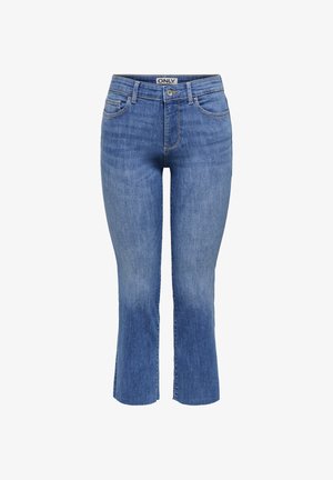 Jean en denim bleu avec une légère évasure, fermeture à bouton et zip à l'avant, cinq poches, portant l'étiquette "ONLY" sur la ceinture.