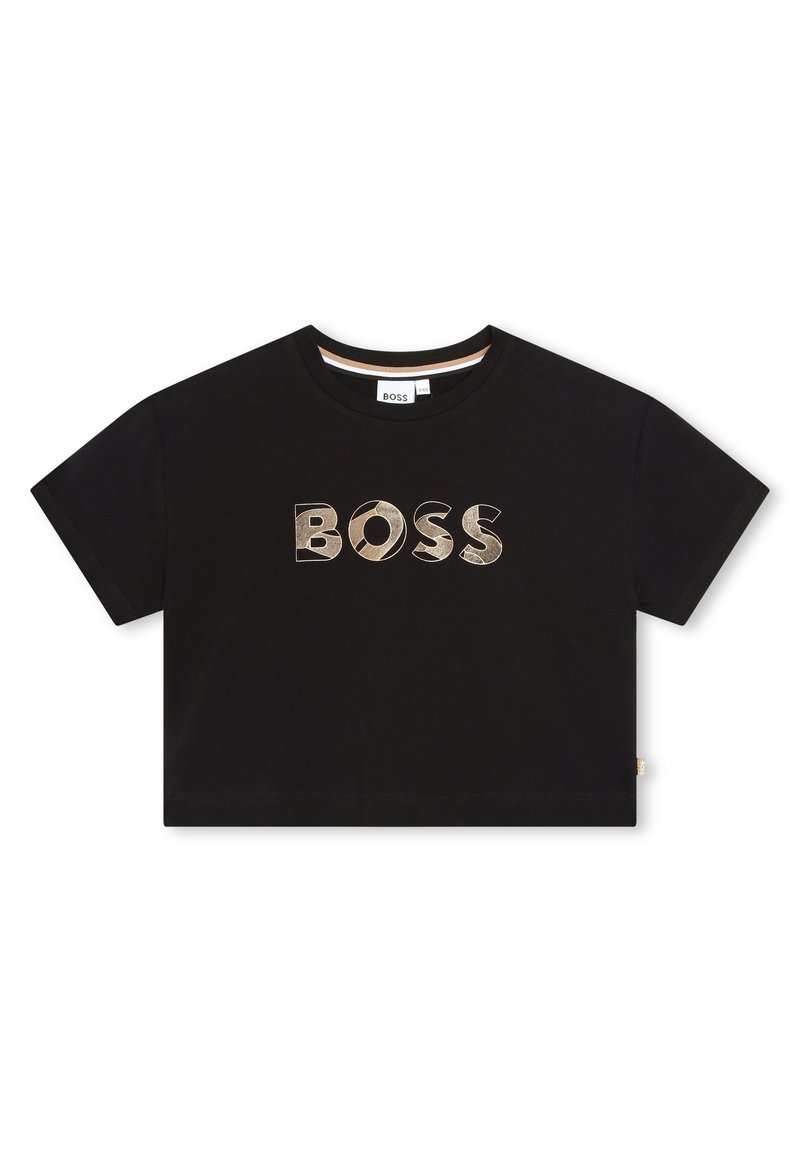 Svart kortärmad t-shirt i bomull med stort guld-"BOSS"-logotyp på framsidan. Klassisk rund halsringning och korta ärmar.