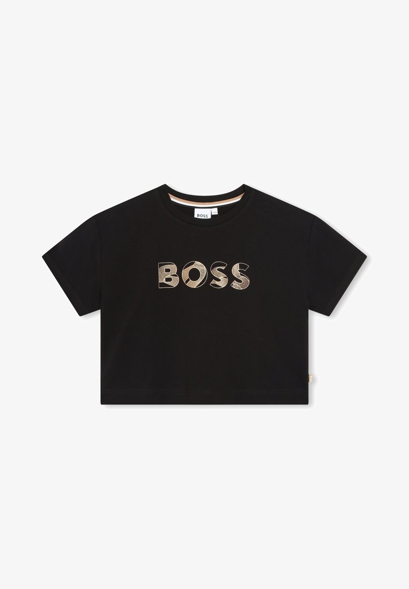T-shirt corta nera in cotone, con grande logo dorato "BOSS" sul davanti. Collo rotondo classico e maniche corte.