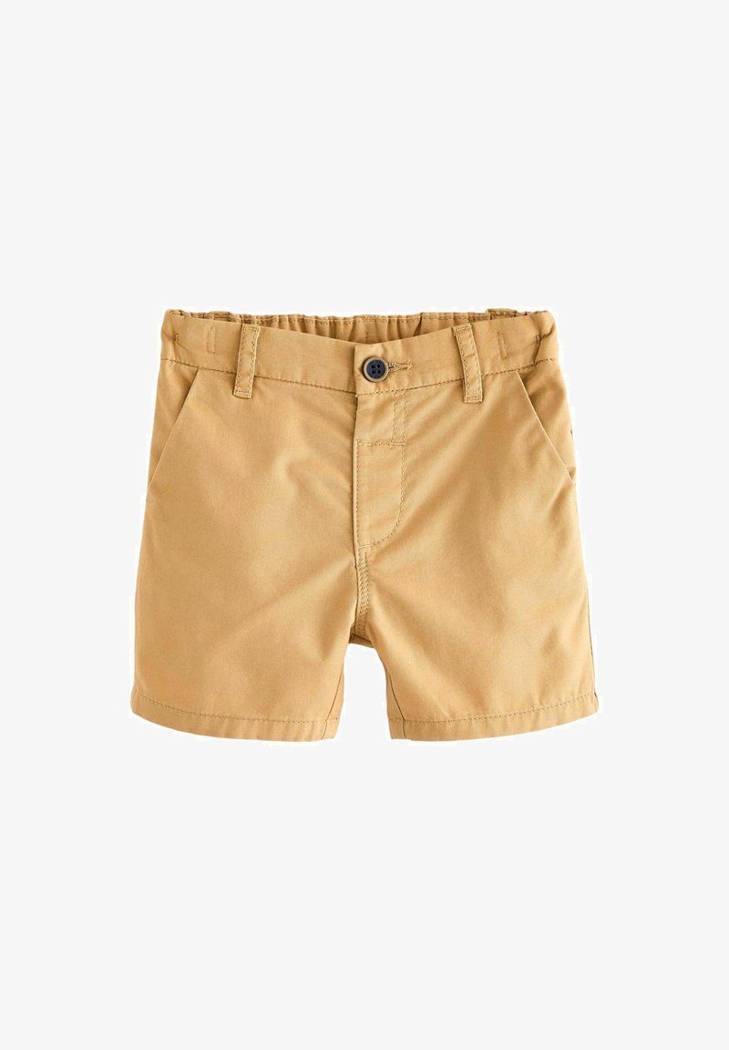 Khaki shorts lavet af bomuld med flad front, bæltestropper, forlommer og knaplukning. Glat tekstur og skræddersyet pasform.