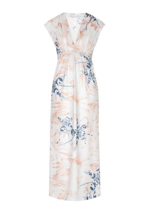 Mouwloze witte maxi-jurk met diepe V-hals en pastelroze en blauwe bloemenprint, voorzien van een gedetailleerde taille met plooien.