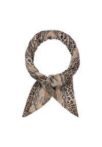 Leopard print scarf in beige and black, made from soft fabric. Features knotted ends and intricate pattern detailing.