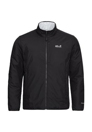 Veste isolante noire avec col montant, fermeture éclair avant et deux poches latérales. Possède un logo sur la partie gauche de la poitrine et des panneaux texturés.