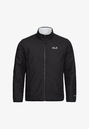 Schwarze isolierte Jacke mit hohem Kragen, Frontreißverschluss und zwei Seitentaschen. Verfügt über ein Logo auf der linken Brustseite und Textursegmente.