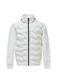White puffer jacket with a zip front, featuring a hood and contrasting black zipper. The body is quilted, while sleeves are smooth.