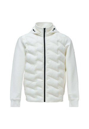Chaqueta de plumas blanca con cremallera frontal, que presenta una capucha y una cremallera negra contrastante. El cuerpo está acolchado, mientras que las mangas son lisas.