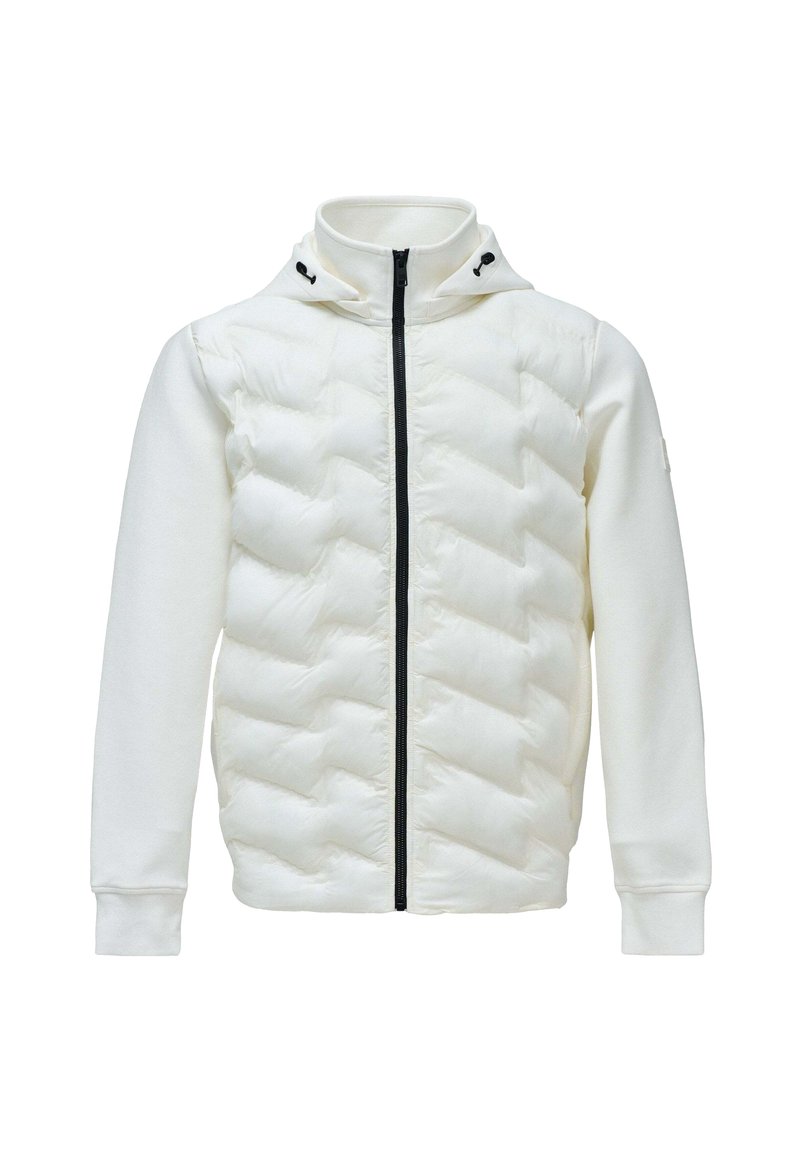 White puffer jacket with a zip front, featuring a hood and contrasting black zipper. The body is quilted, while sleeves are smooth.