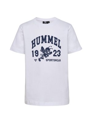 Weißes Baumwoll-T-Shirt mit navyblauem Text "HUMMEL 1923 SPORTSWEAR" und einer cartoonhaften Biene, die sich zentriert unter dem Text befindet.