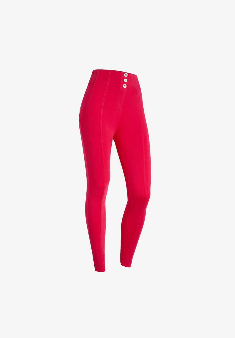 Leggings rossi a vita alta realizzati in un tessuto elasticizzato, con tre bottoni sul davanti, texture liscia e forma aderente.