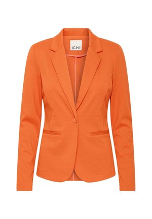 Orange blazer med spidse slag, enkelt knaplukning og to frontlommer. Fremstillet af et glat materiale med en tætsiddende silhuet.