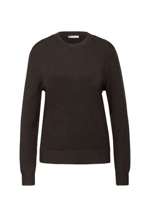 Pull over en marron foncé, à manches longues et avec un col rond. Texture douce, poignets et ourlet côtelés. Design simple sans motifs ni accents.