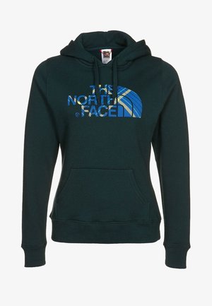 Tummanvihreä huppari etutaskulla ja kiristysnaruilla, jossa "The North Face" -logo sinisellä ja keltaisella ruutukuvioilla rinnassa.