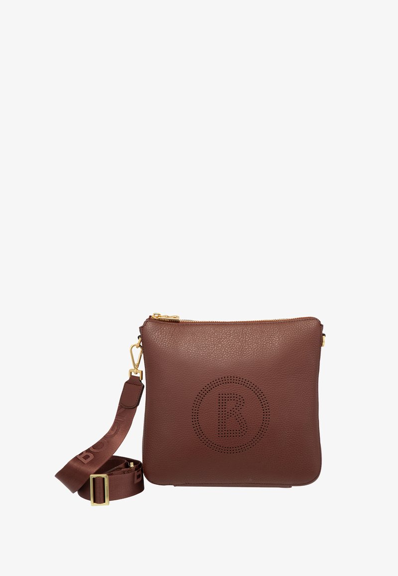 Braune Leder-Crossbody-Tasche mit strukturierter Oberfläche, goldfarbenem Reißverschluss und einem gestanzten "B"-Logo. Mit verstellbarem Tragegurt.
