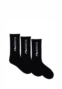 Czarne skarpetki z prążkowanym wzorem, z białym logo "I ♥ KUBOTA". Sprzedawane w paczce po trzy, o długości do kostki.