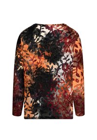 Langärmliges Hemd mit einem floralen Muster in tiefen Rot-, Schwarz- und Orangetönen, aus einem strukturierten, halbtransparenten Stoff.