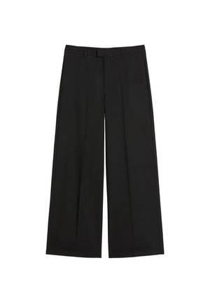Zwarte wijde broek met een glanzende afwerking, met een platte voorkant, plooien en riemlussen. Gemaakt van een soepele, lichte stof.