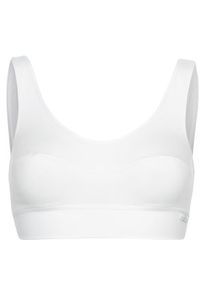 Witte draadloze bralette met brede bandjes, naadloos ontwerp, ronde halslijn en elastische onderband. Glad materiaal met een matte afwerking.